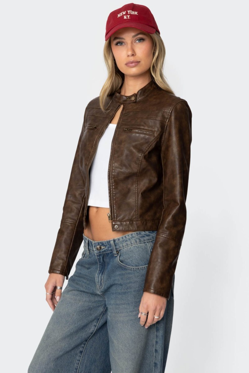 Edikted Teddi Washed Faux Leather Jackets Brown | USA NF410281X2
