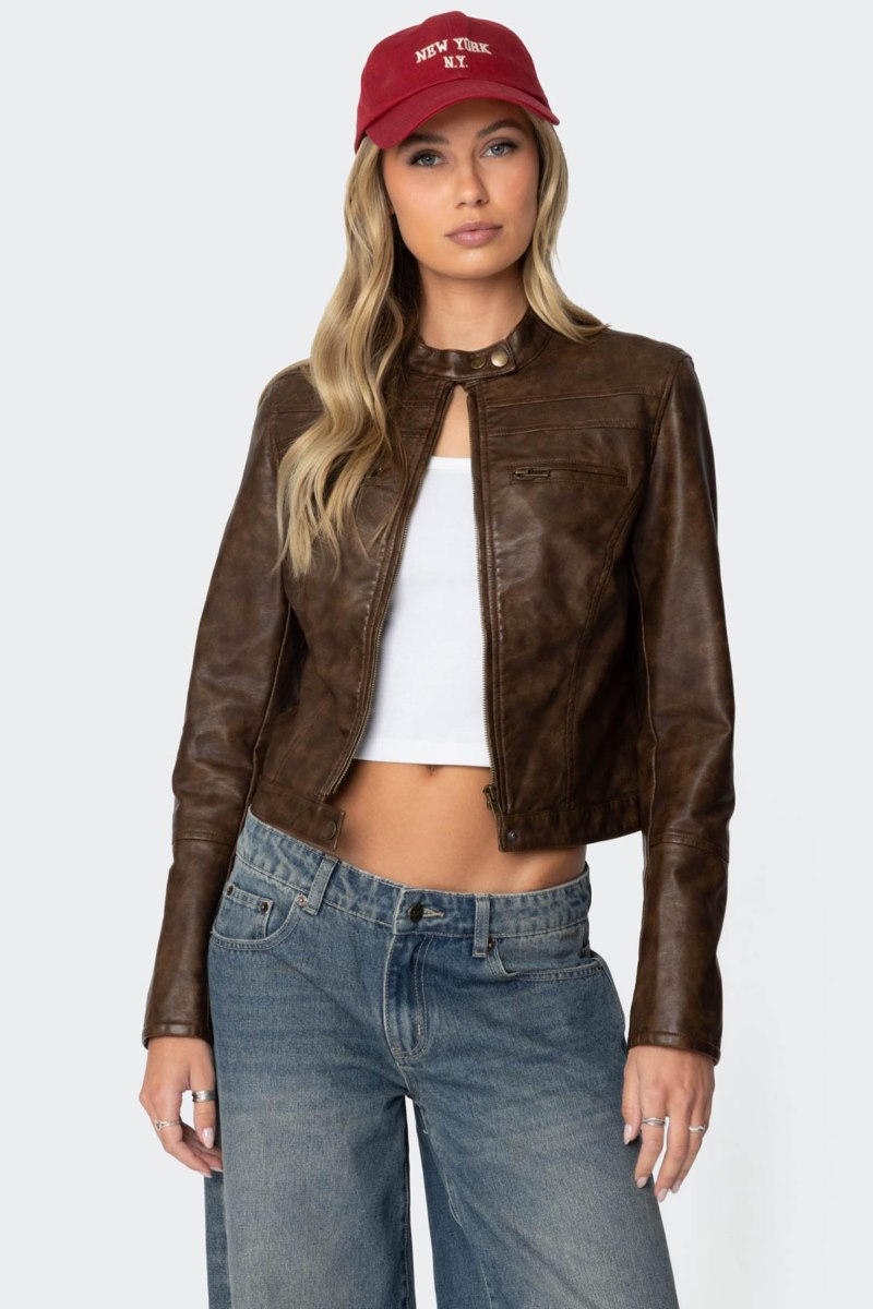Edikted Teddi Washed Faux Leather Jackets Brown | USA NF410281X2