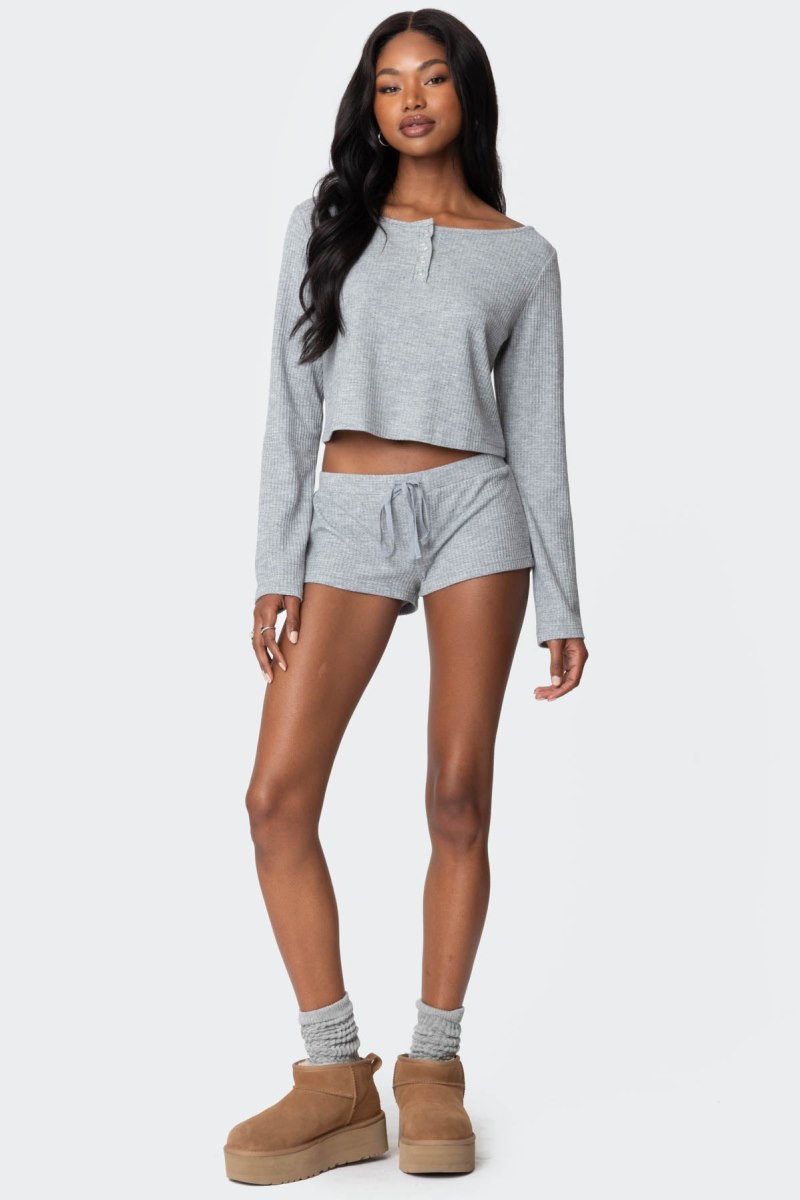 Edikted Teddy Cropped Waffle Long Sleeve Tops Gray Melange | USA ZU443084Z8