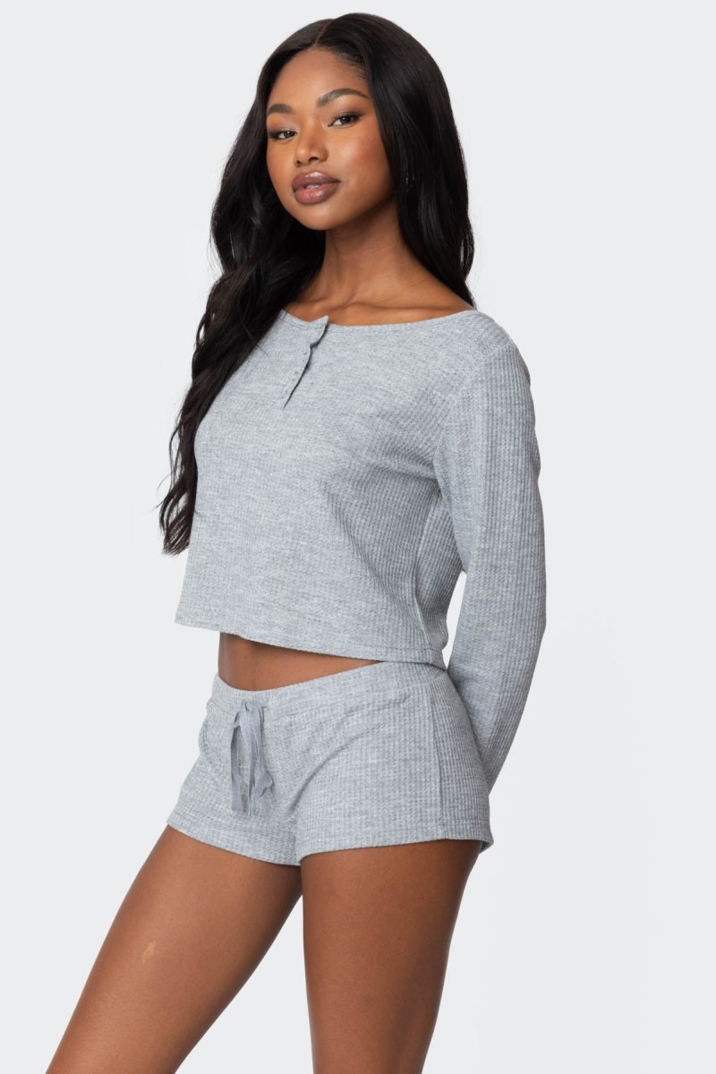 Edikted Teddy Cropped Waffle Long Sleeve Tops Gray Melange | USA ZU443084Z8