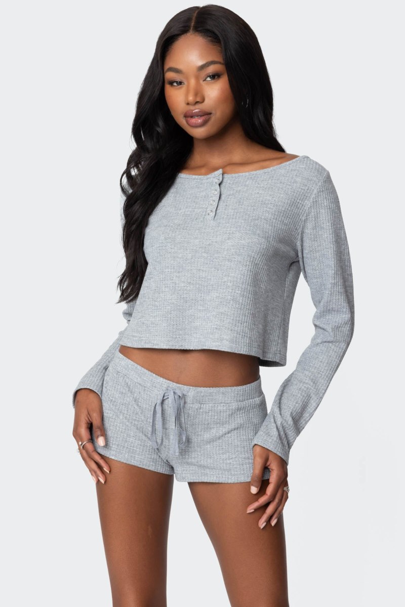 Edikted Teddy Cropped Waffle Long Sleeve Tops Gray Melange | USA ZU443084Z8