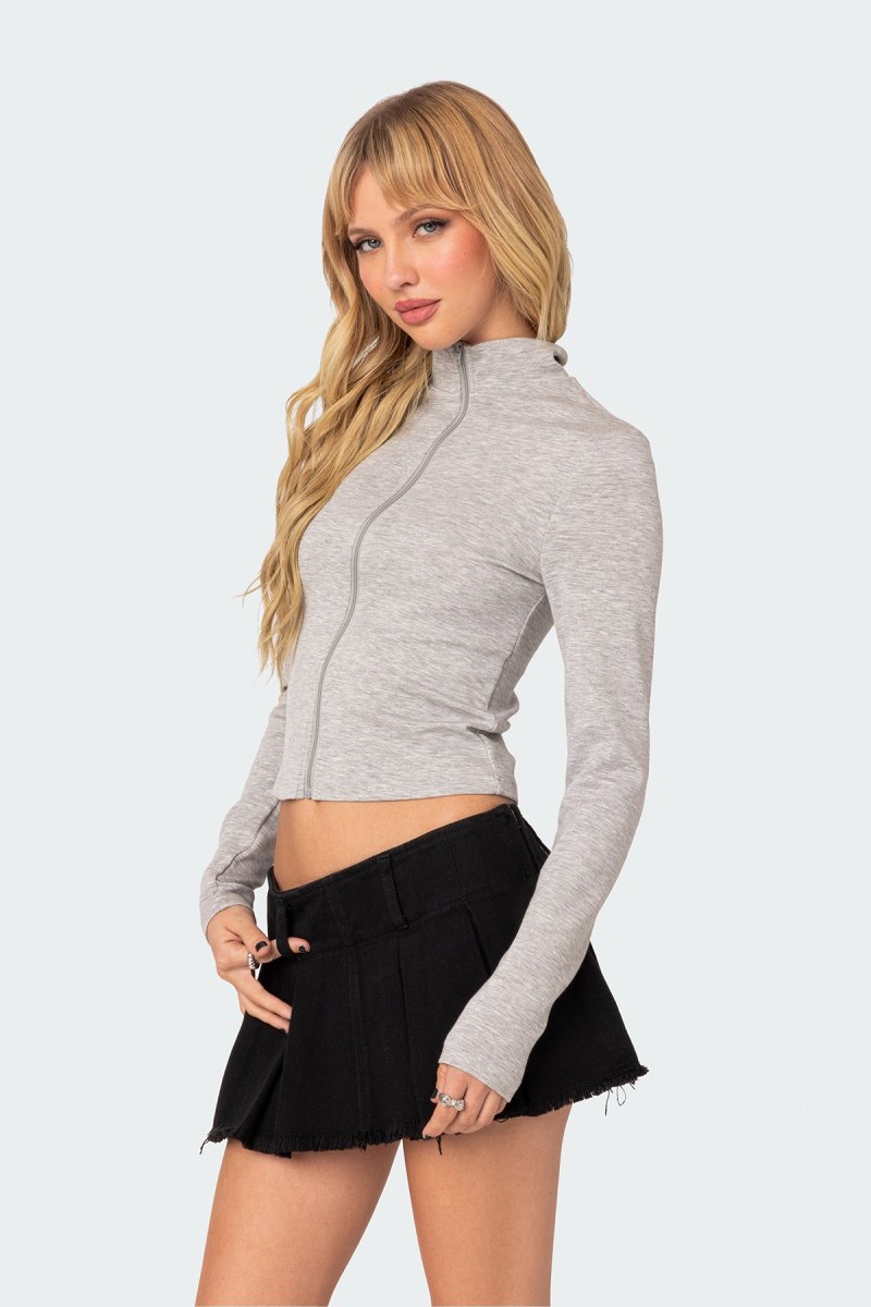 Edikted Tessa High Neck Zip Up Cardigan Long Sleeve Tops Gray Melange | USA JD466176G6