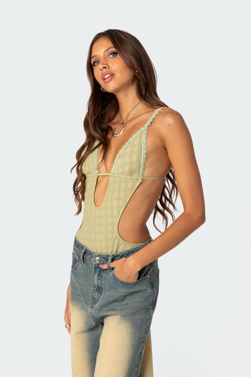 Edikted Textured Cut Out Bodysuit Green | USA AY524822L0