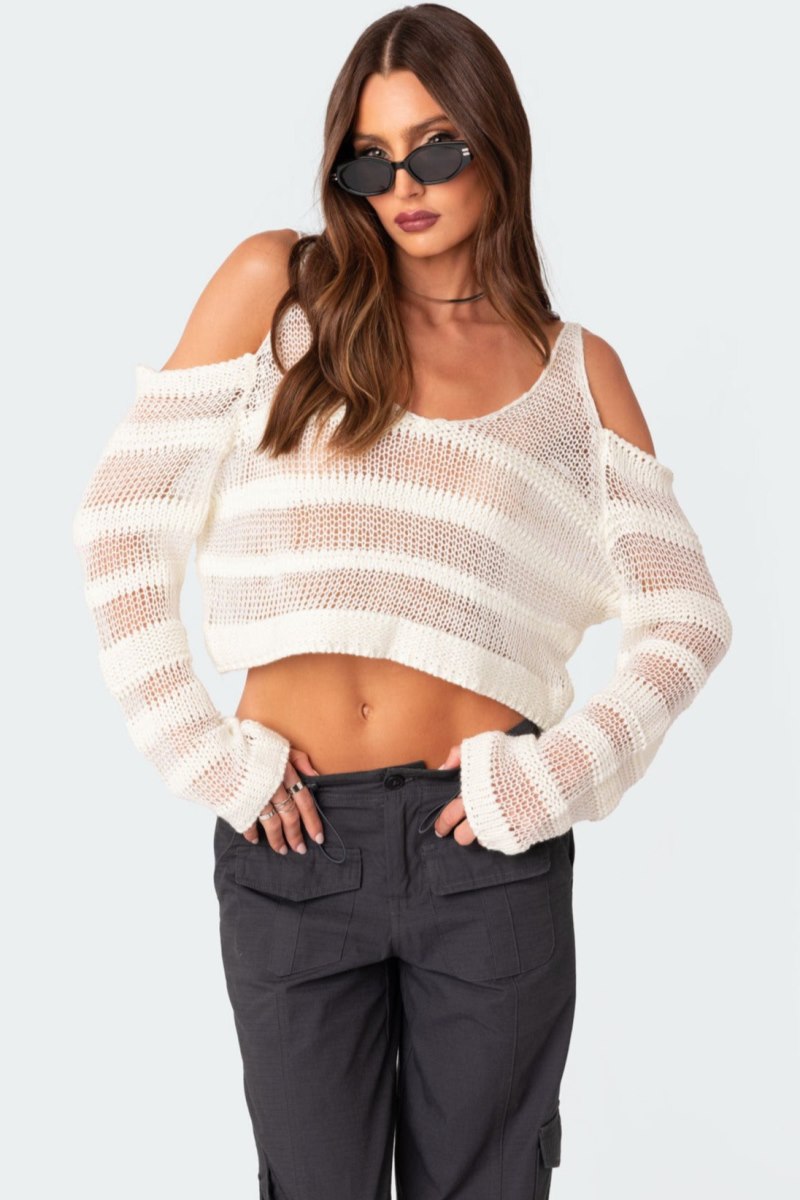 Edikted Textured Knit Open Shoulder Sweater Long Sleeve Tops White | USA RL391949F5