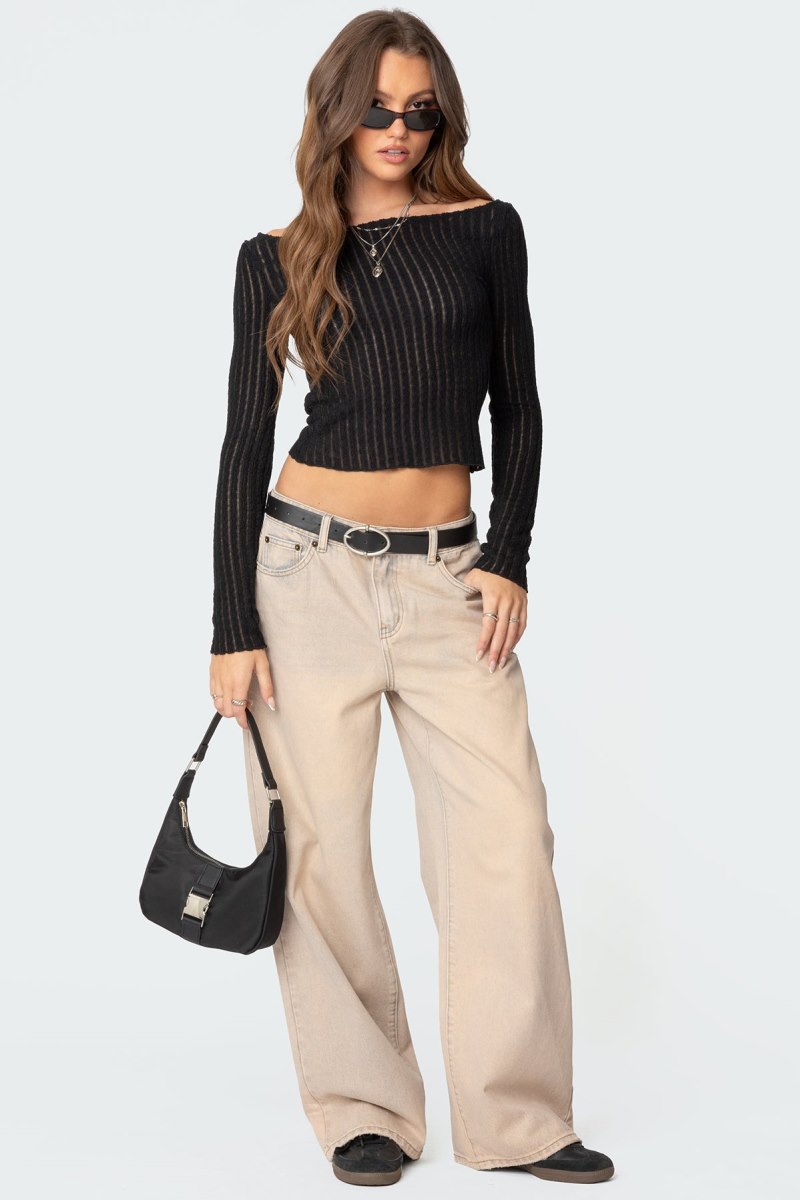 Edikted Textured Sheer Boat Neck Long Sleeve Tops Black | USA AC615881W1