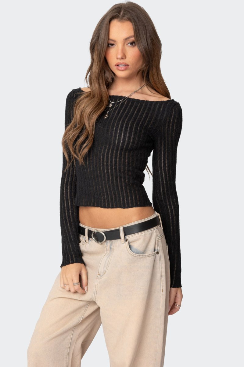 Edikted Textured Sheer Boat Neck Long Sleeve Tops Black | USA AC615881W1
