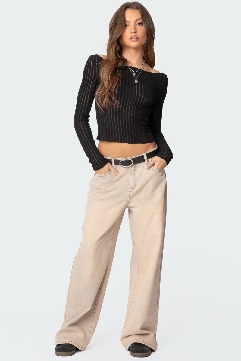 Edikted Textured Sheer Boat Neck Long Sleeve Tops Black | USA AC615881W1