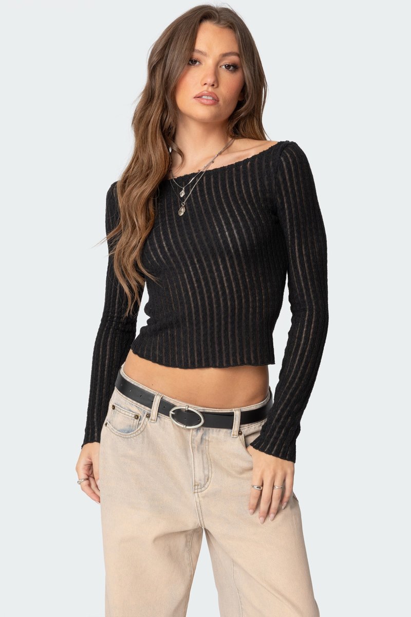 Edikted Textured Sheer Boat Neck Long Sleeve Tops Black | USA AC615881W1