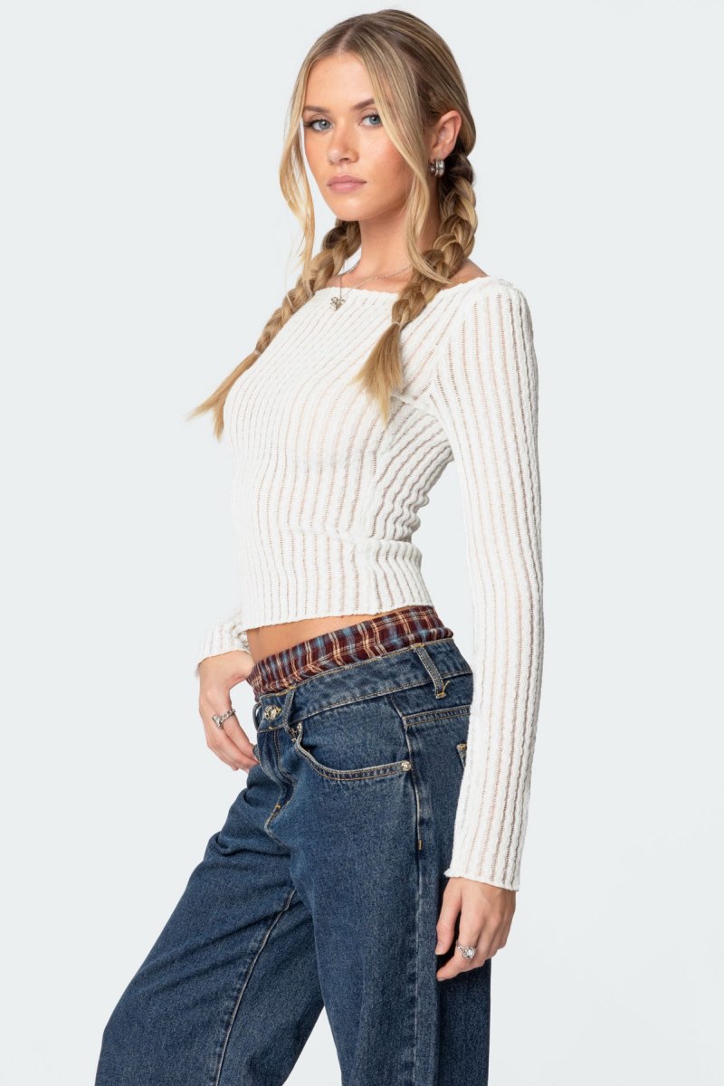 Edikted Textured Sheer Boat Neck Long Sleeve Tops Black | USA LD509680U7