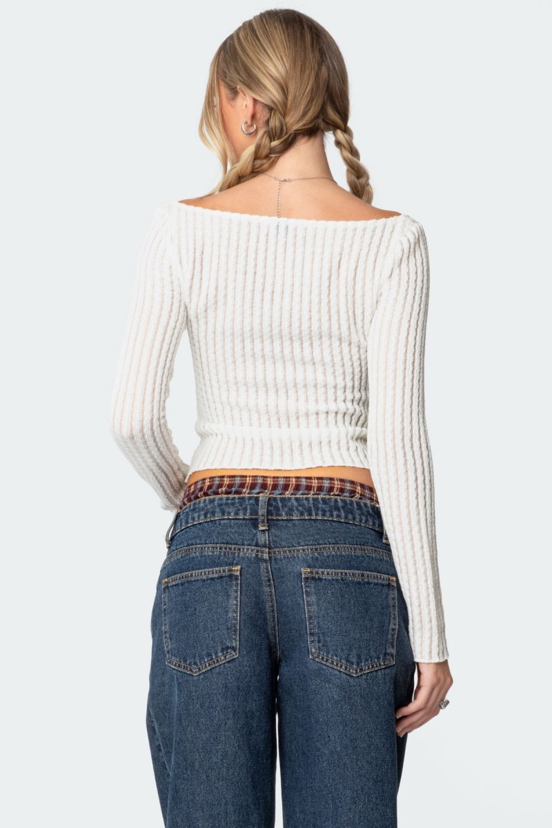 Edikted Textured Sheer Boat Neck Long Sleeve Tops Black | USA LD509680U7