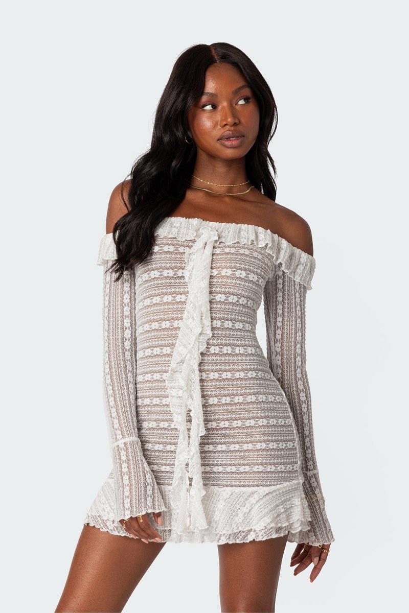 Edikted Textured Sheer Lace Mini Long Sleeve Dress Cream | USA EC314021Q0