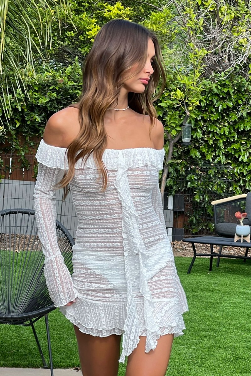 Edikted Textured Sheer Lace Mini Long Sleeve Dress Cream | USA EC314021Q0