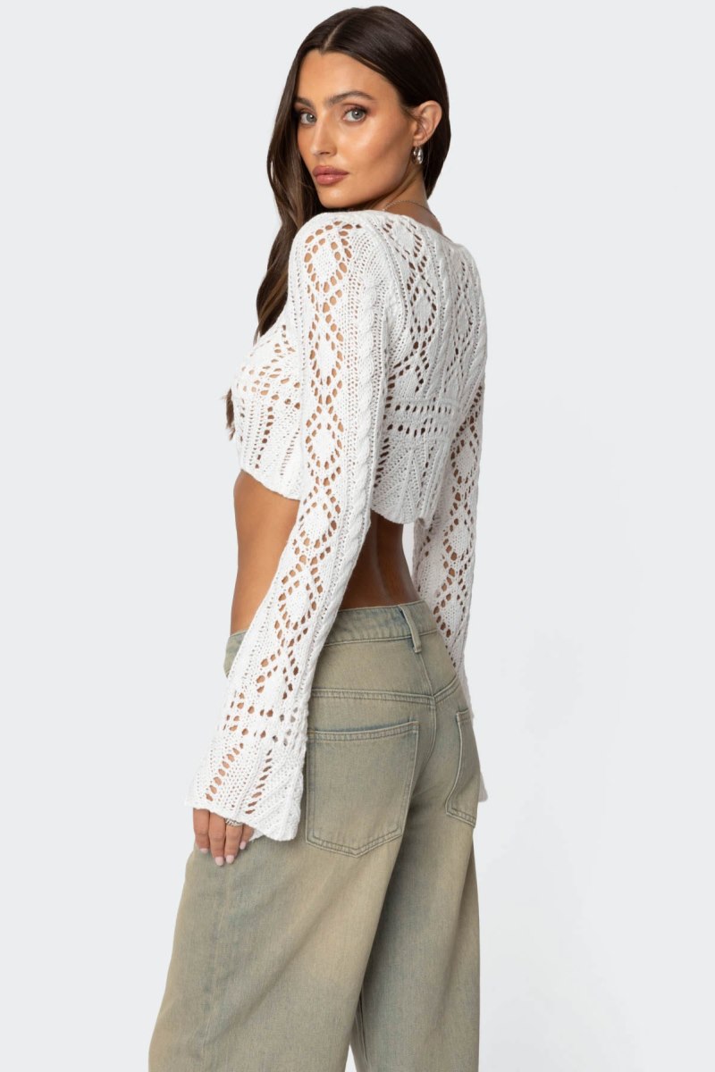 Edikted Tie Front Crochet Crop Knitted Tops White | USA WE618281F4