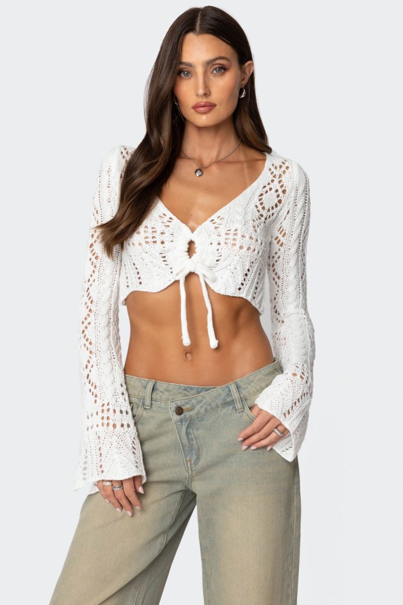 Edikted Tie Front Crochet Crop Knitted Tops White | USA WE618281F4