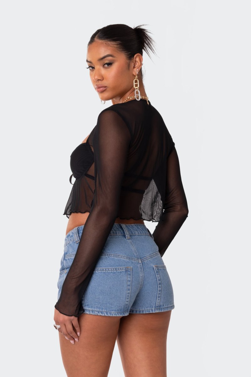Edikted Tie Front Cupped Mesh Crop Tops Black | USA TE922202S0