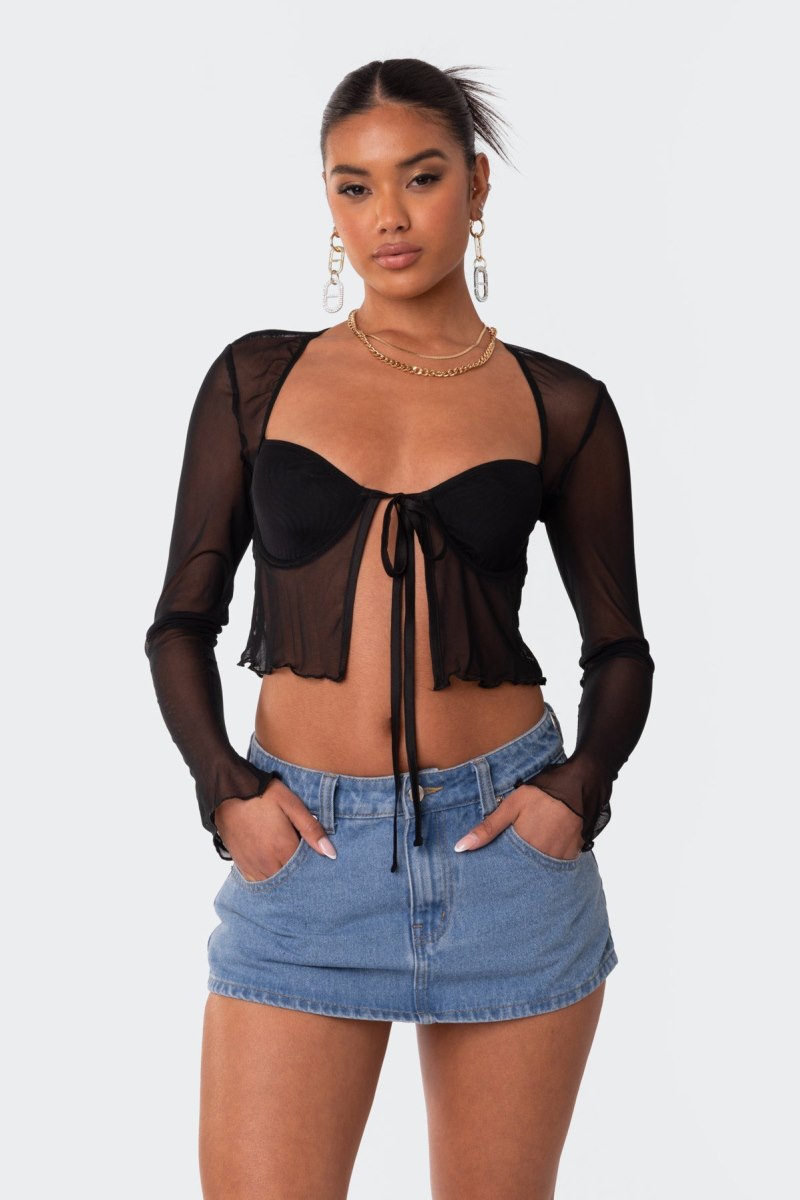 Edikted Tie Front Cupped Mesh Long Sleeve Tops Black | USA ZP034533K8