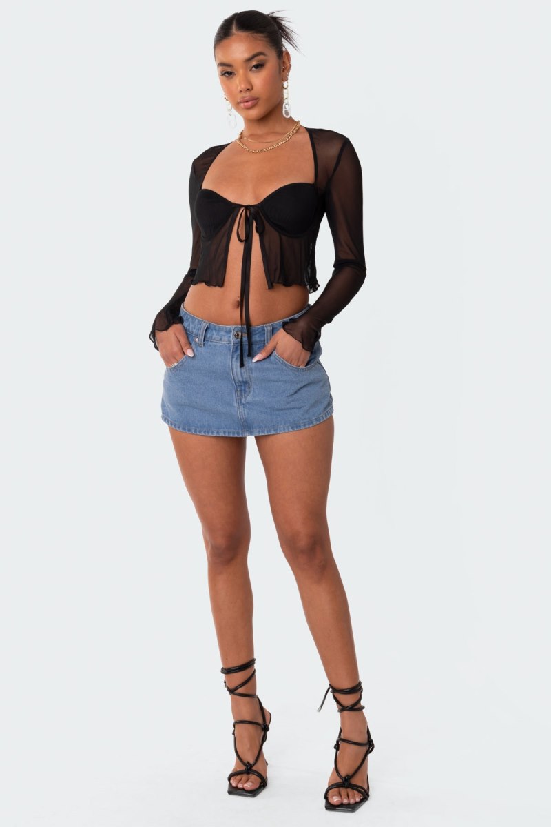 Edikted Tie Front Cupped Mesh Long Sleeve Tops Black | USA ZP034533K8