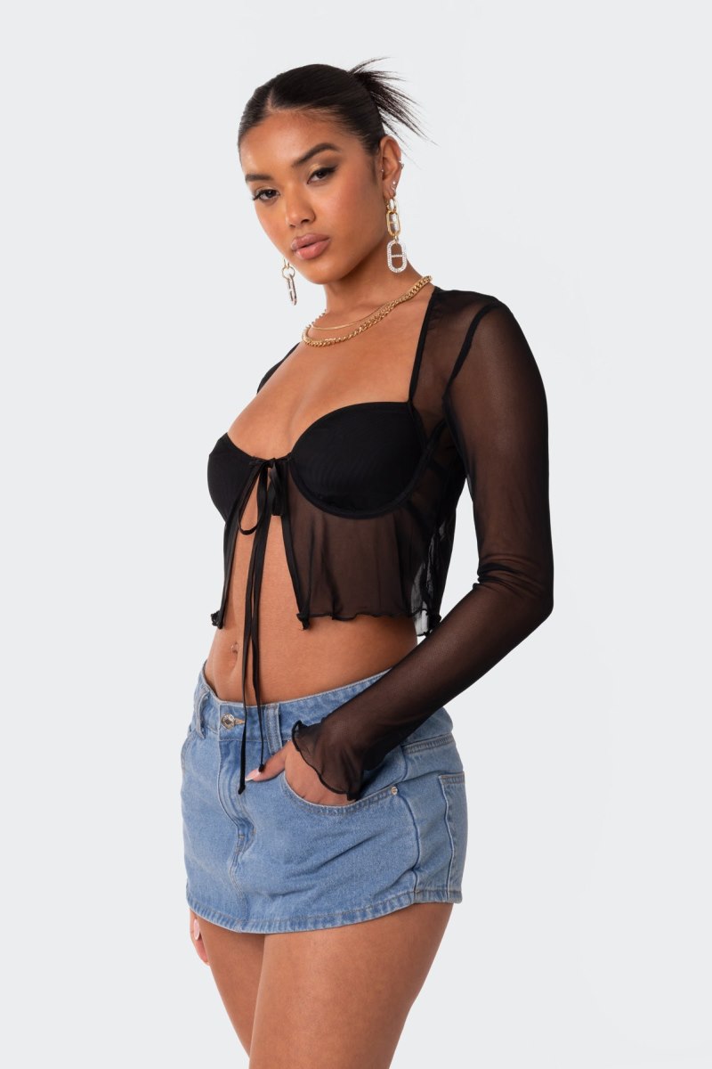 Edikted Tie Front Cupped Mesh Long Sleeve Tops Black | USA ZP034533K8