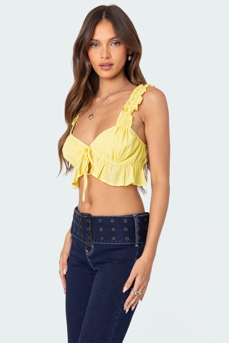 Edikted Tie Front Ruffled Crop Tops Yellow | USA JF304900P0