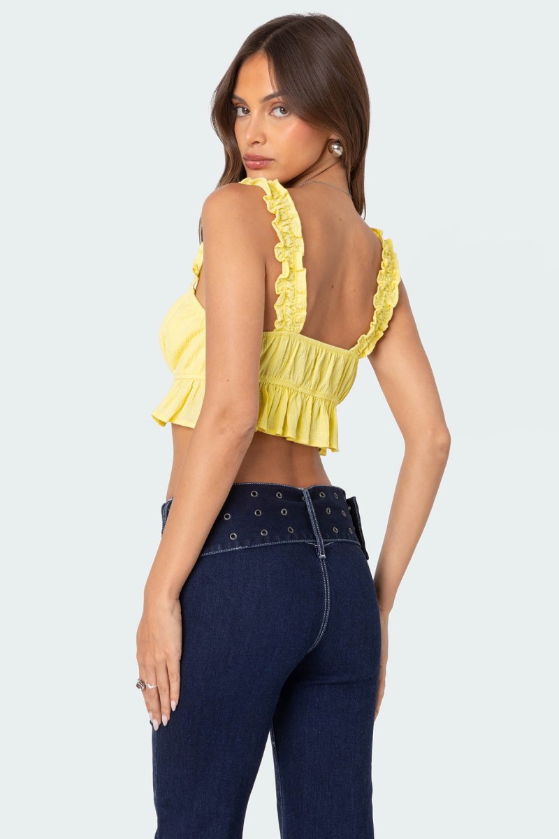 Edikted Tie Front Ruffled Crop Tops Yellow | USA JF304900P0