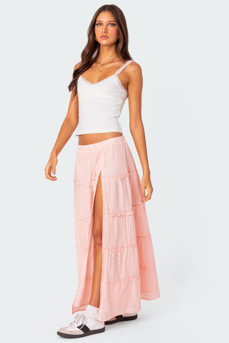 Edikted Tiered Eyelet Slitted Maxi Skirts Light Pink | USA LW781808X2