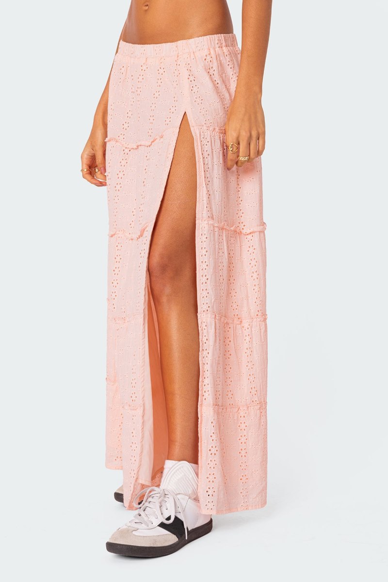 Edikted Tiered Eyelet Slitted Maxi Skirts Light Pink | USA LW781808X2