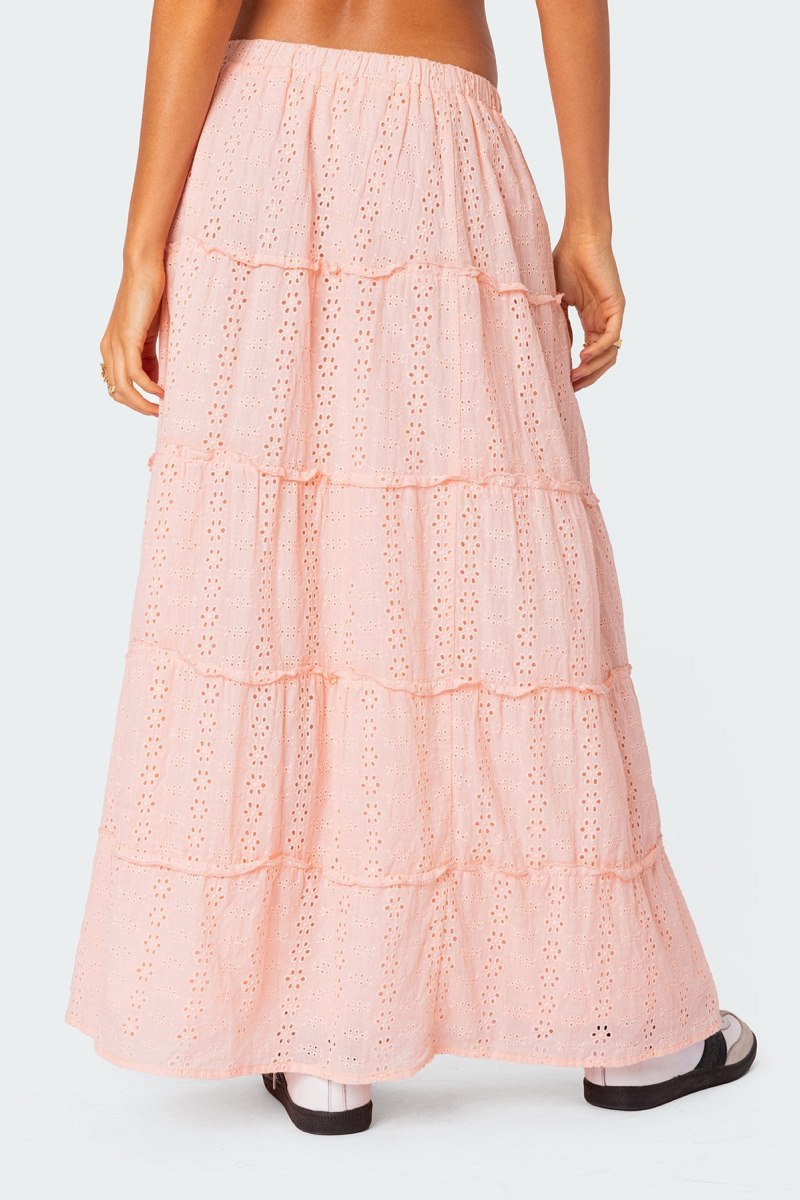Edikted Tiered Eyelet Slitted Maxi Skirts Light Pink | USA LW781808X2