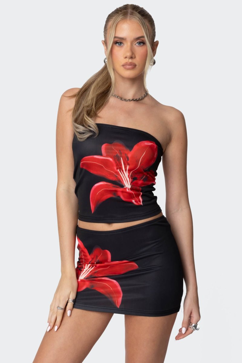 Edikted Tiger Blossom Tube Strapless Tops Black | USA FL125672E1