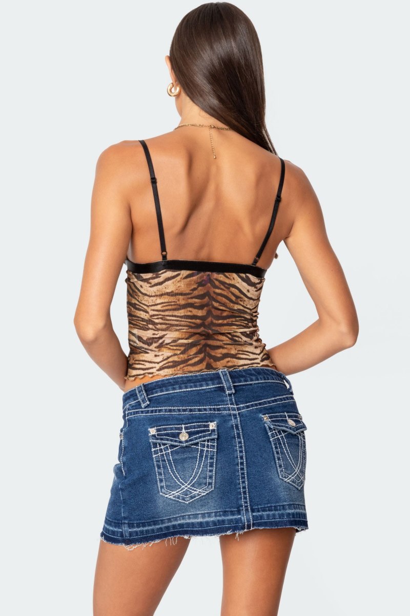 Edikted Tiger Printed Mesh Tank Top Beige | USA NX802180Z3