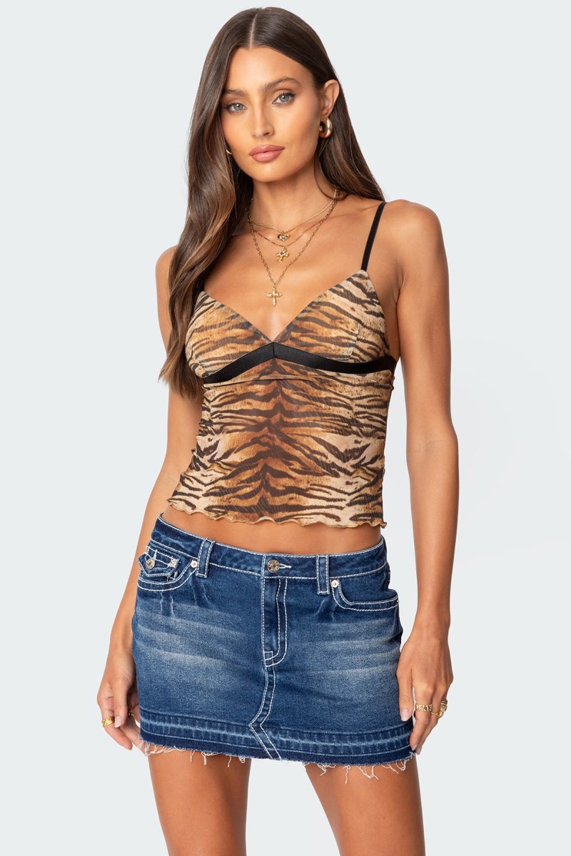 Edikted Tiger Printed Mesh Tank Top Beige | USA NX802180Z3