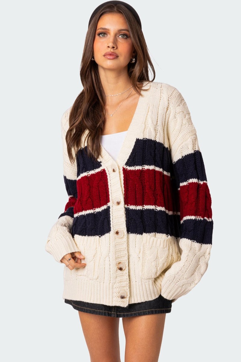 Edikted Tinsley Oversized Cable Knit Cardigan Cream | USA XN009740P6