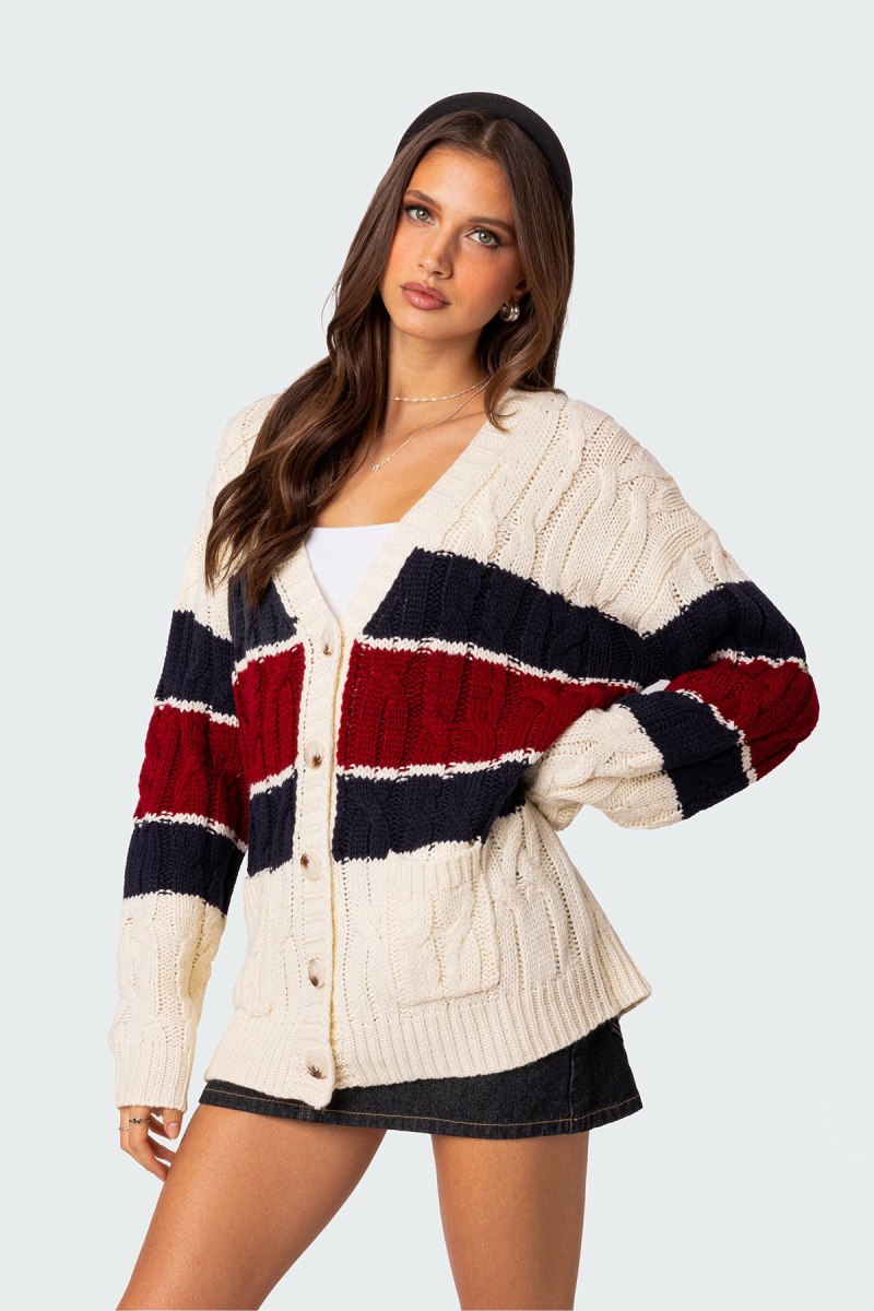 Edikted Tinsley Oversized Cable Knit Cardigan Cream | USA XN009740P6