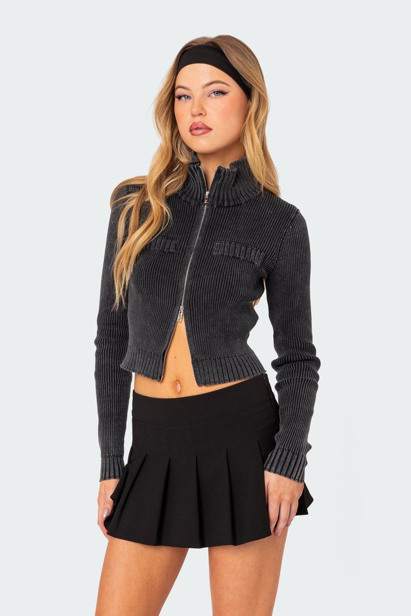 Edikted Torey Washed Zip Up Cardigan Dark Gray | USA VQ544534Z1