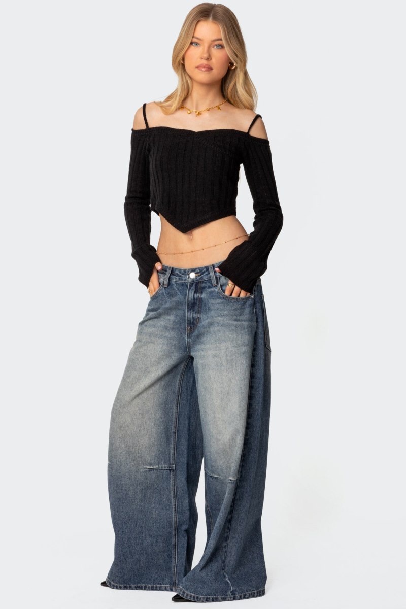 Edikted Triangle Hem Off Shoulder Sweater Long Sleeve Tops Black | USA NR236803M4