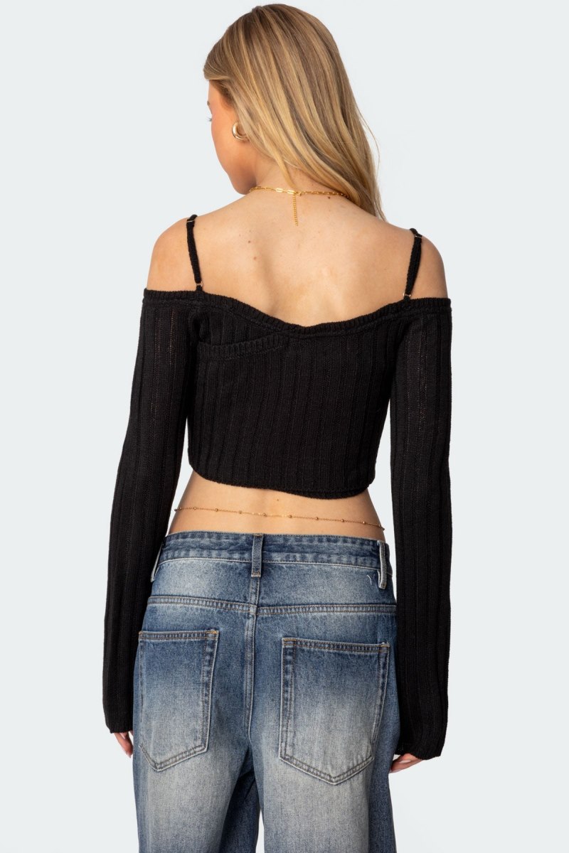 Edikted Triangle Hem Off Shoulder Sweater Long Sleeve Tops Black | USA NR236803M4