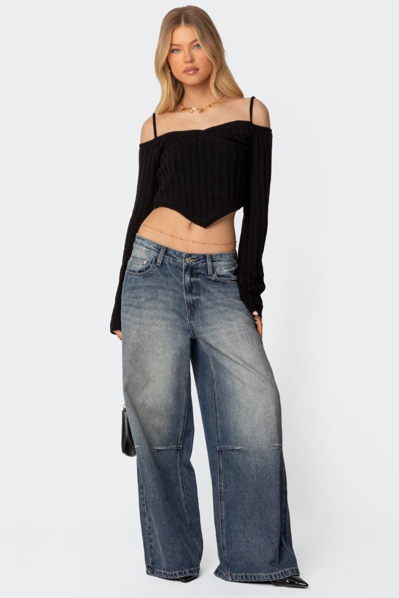 Edikted Triangle Hem Off Shoulder Sweater Black | USA JH060786X5