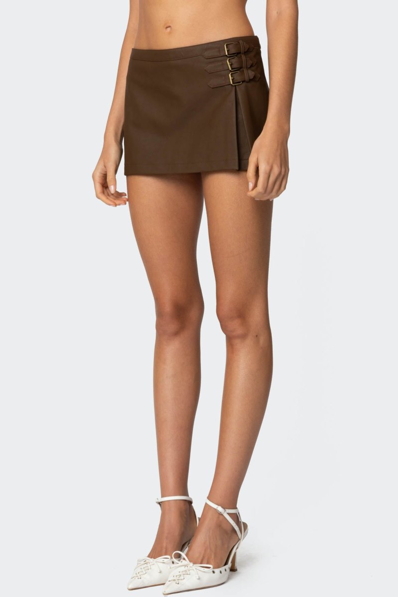 Edikted Triple Belt Faux Leather Mini Skorts Brown | USA FT473637R4