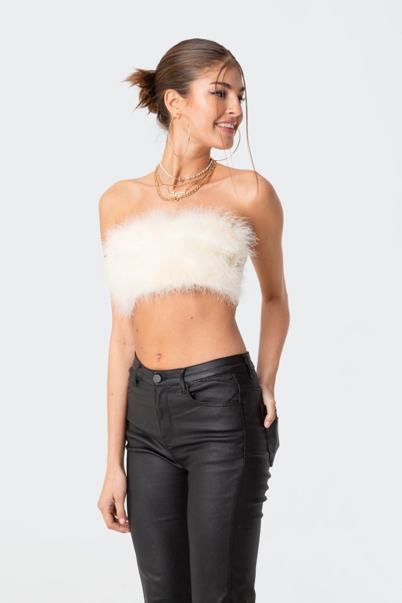Edikted Trista Faux Fur Strapless Tops Cream | USA PT494769G6