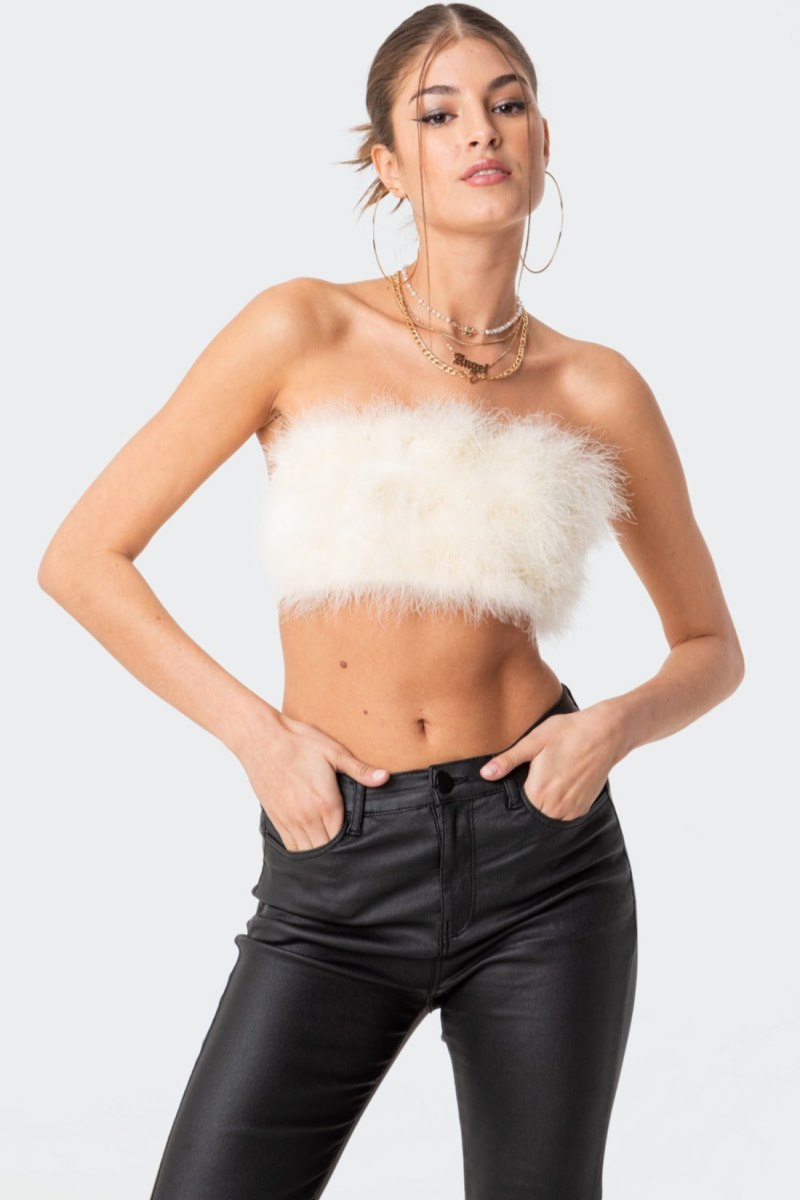 Edikted Trista Faux Fur Strapless Tops Cream | USA PT494769G6