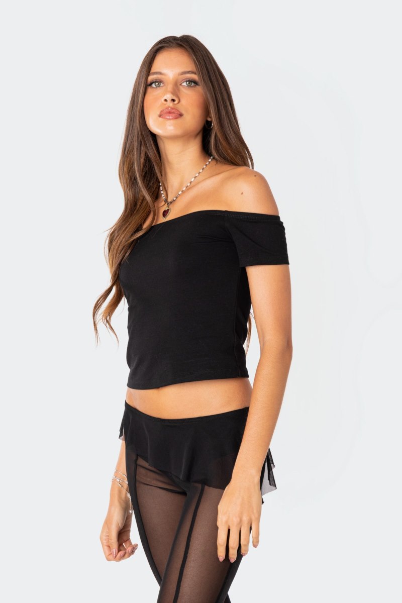 Edikted Trixie Off Shoulder Crop Tops Black | USA LJ452785Z5
