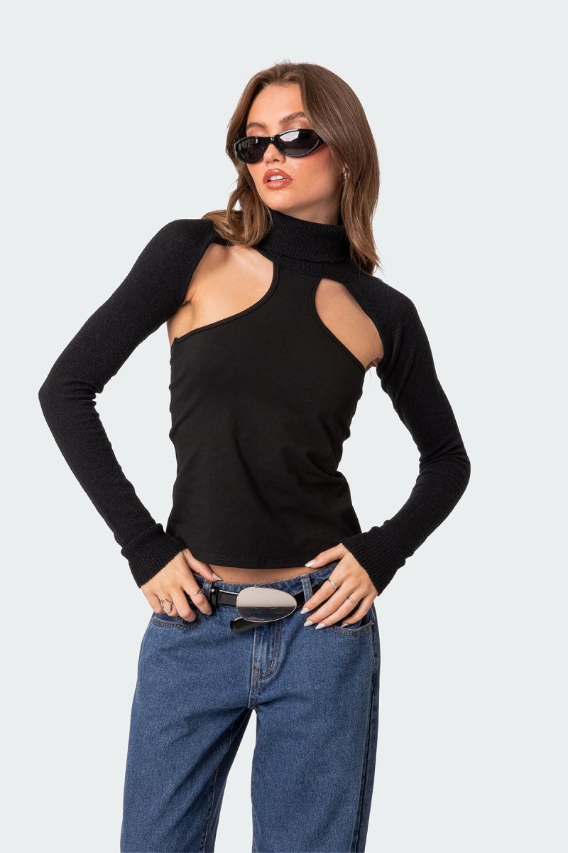 Edikted Turtle Neck Shrug Sweater Knitted Tops Black | USA PZ929422K9