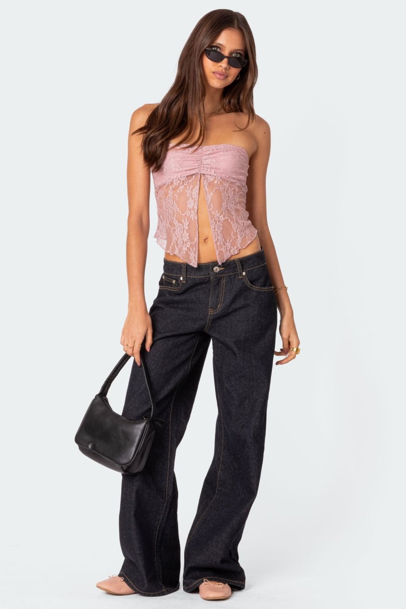 Edikted Twilight Sheer Lace Split Front Strapless Tops Black | USA SY690059M7