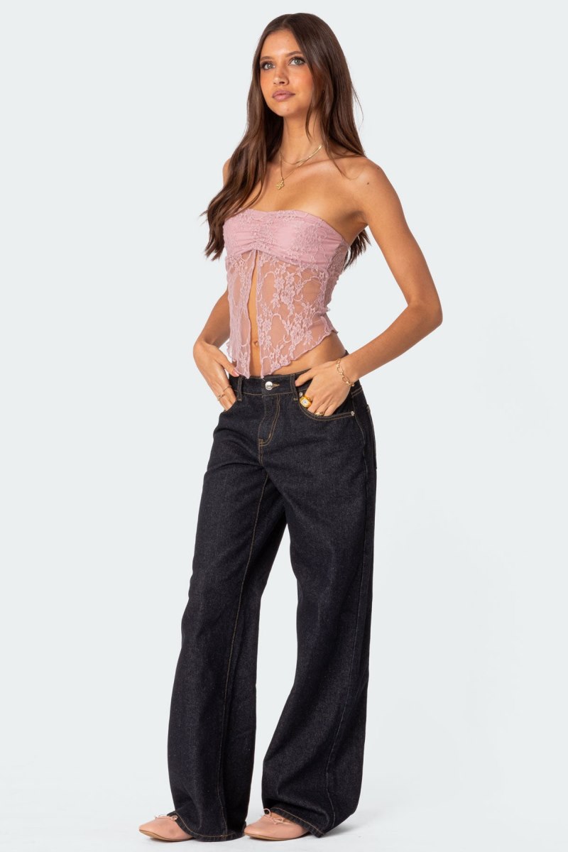 Edikted Twilight Sheer Lace Split Front Strapless Tops Black | USA SY690059M7