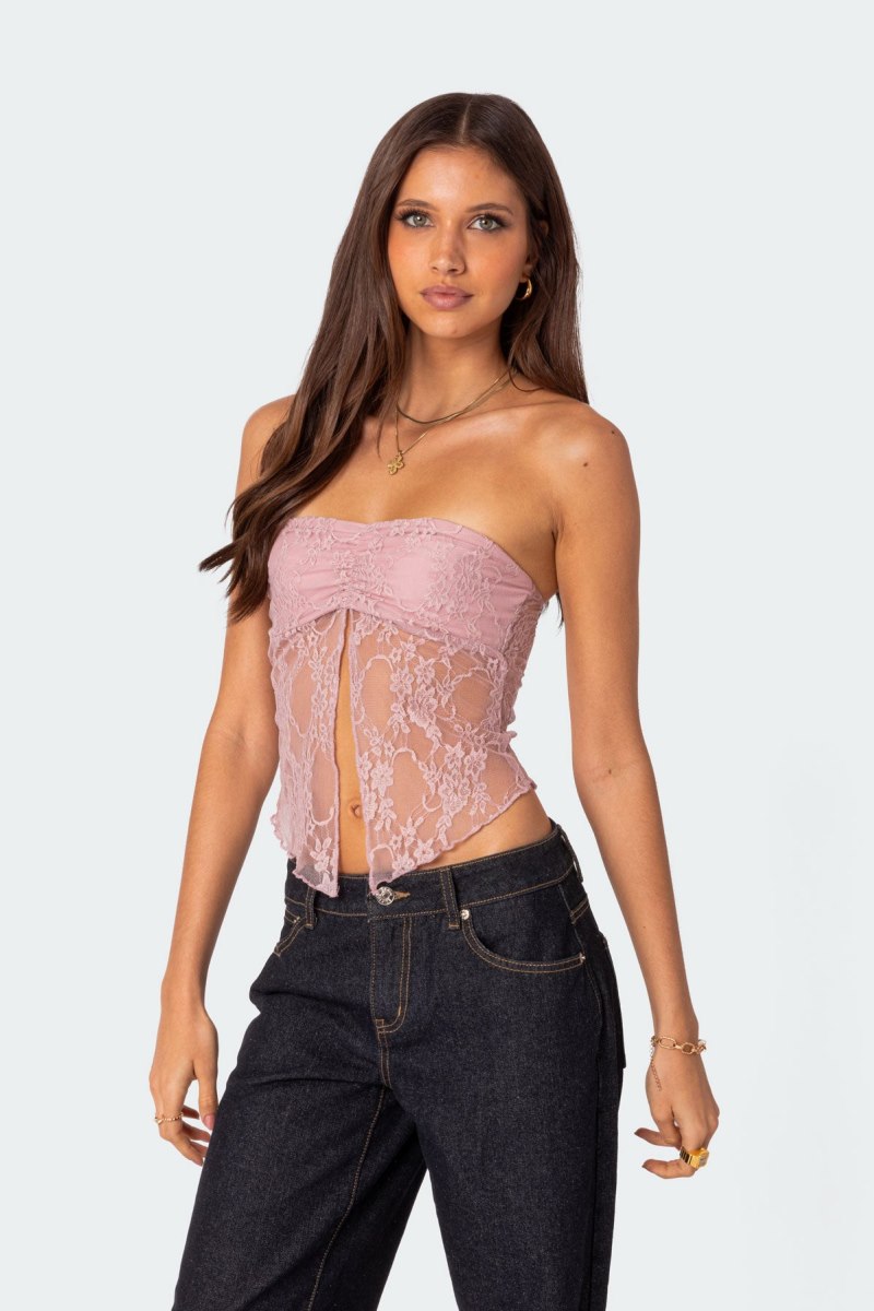 Edikted Twilight Sheer Lace Split Front Strapless Tops Black | USA SY690059M7