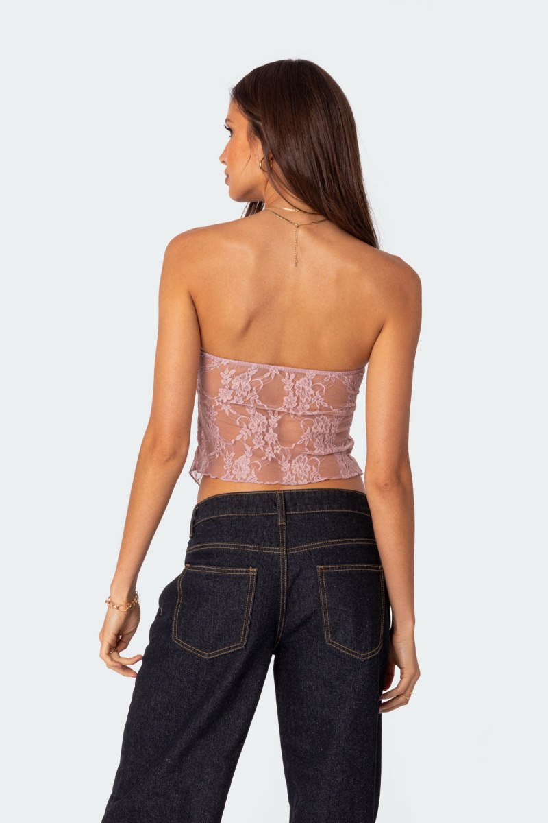 Edikted Twilight Sheer Lace Split Front Strapless Tops Black | USA SY690059M7