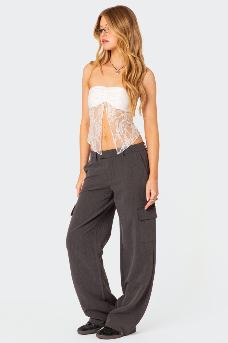 Edikted Twilight Sheer Lace Split Front Strapless Tops Black | USA HS784898T7