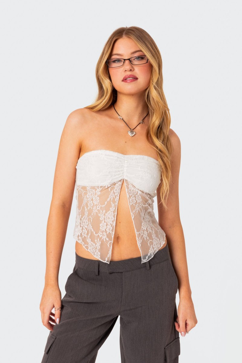 Edikted Twilight Sheer Lace Split Front Strapless Tops Black | USA HS784898T7