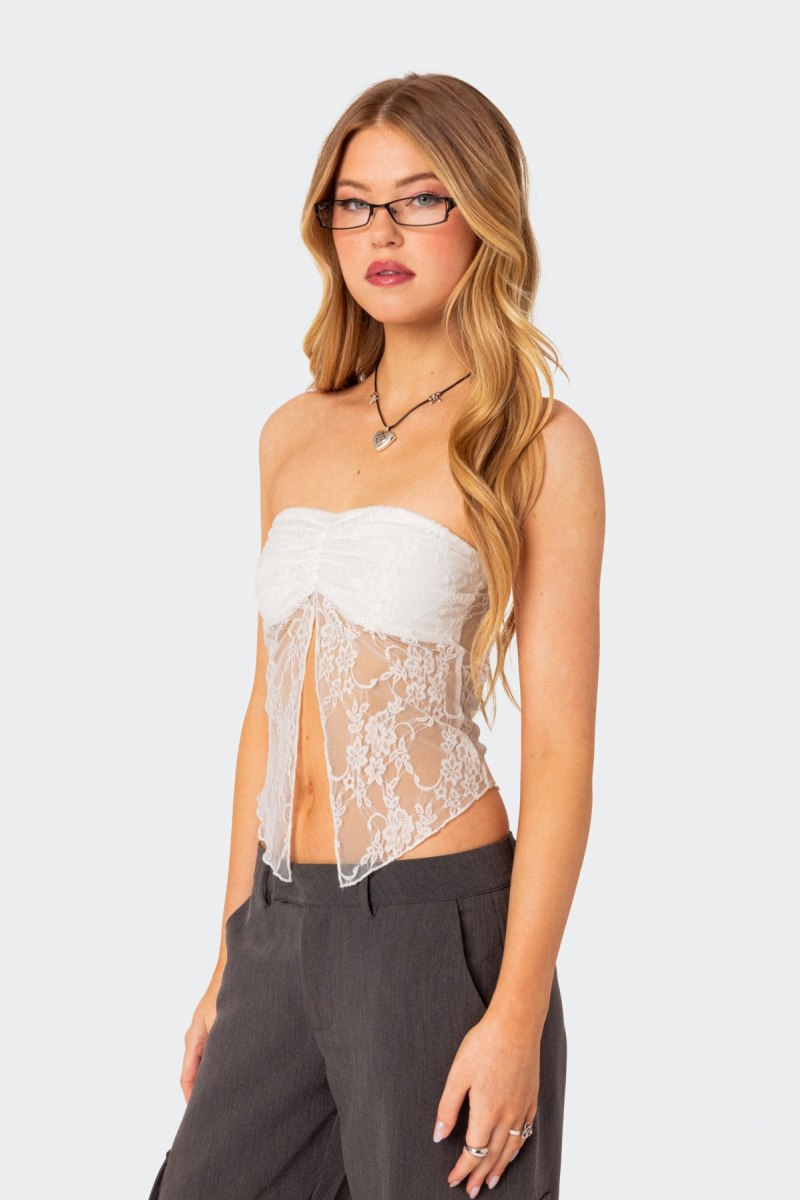 Edikted Twilight Sheer Lace Split Front Strapless Tops Black | USA HS784898T7