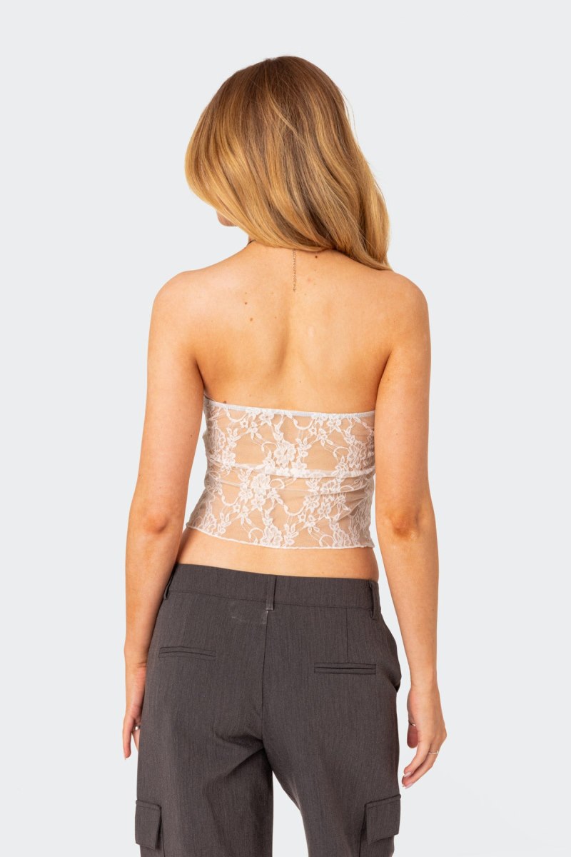 Edikted Twilight Sheer Lace Split Front Strapless Tops Black | USA HS784898T7