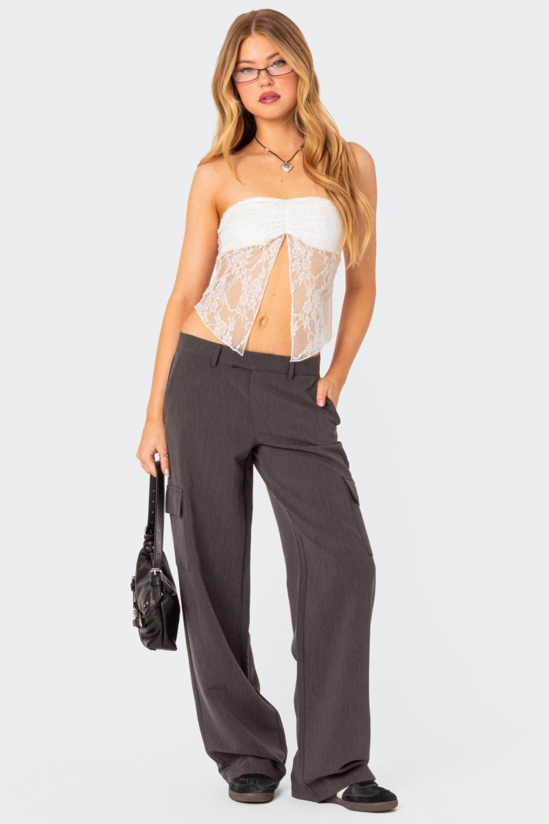 Edikted Twilight Sheer Lace Split Front Strapless Tops Black | USA HS784898T7
